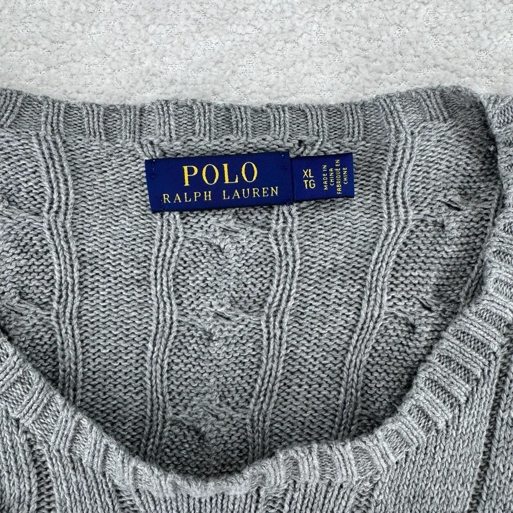 Polo Ralph Lauren Cable Knit Crewneck Sweater Mens XL Gray Cotton